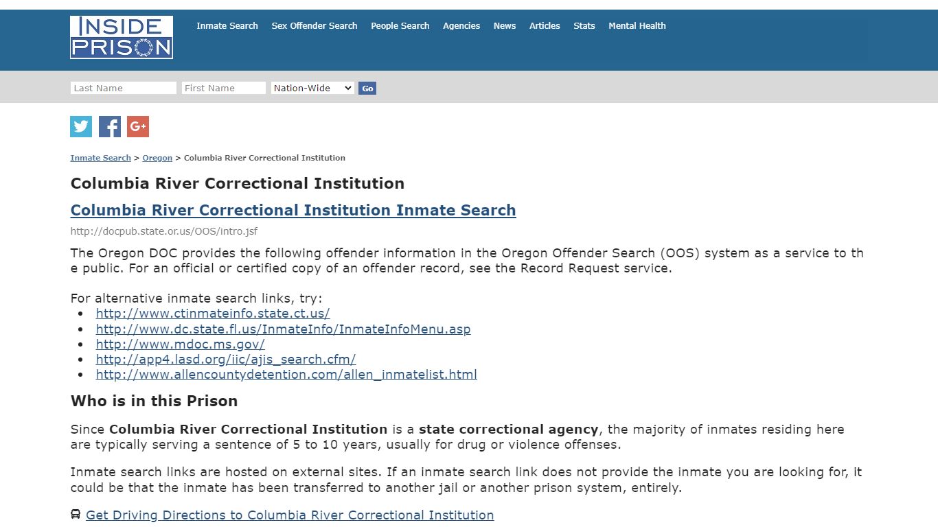 Columbia River Correctional Institution - Oregon - Inmate Search